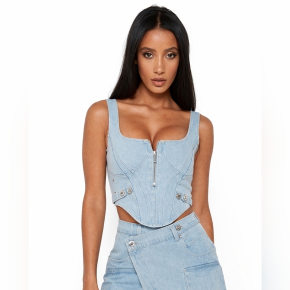 Maniere De Voir Jackets & Blazers - Maniere De Voir Light Blue Denim Corset Tank with Front Zip